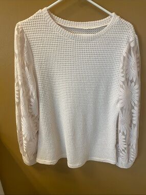 White Waffle Knit Top with Floral Lace Sleeves